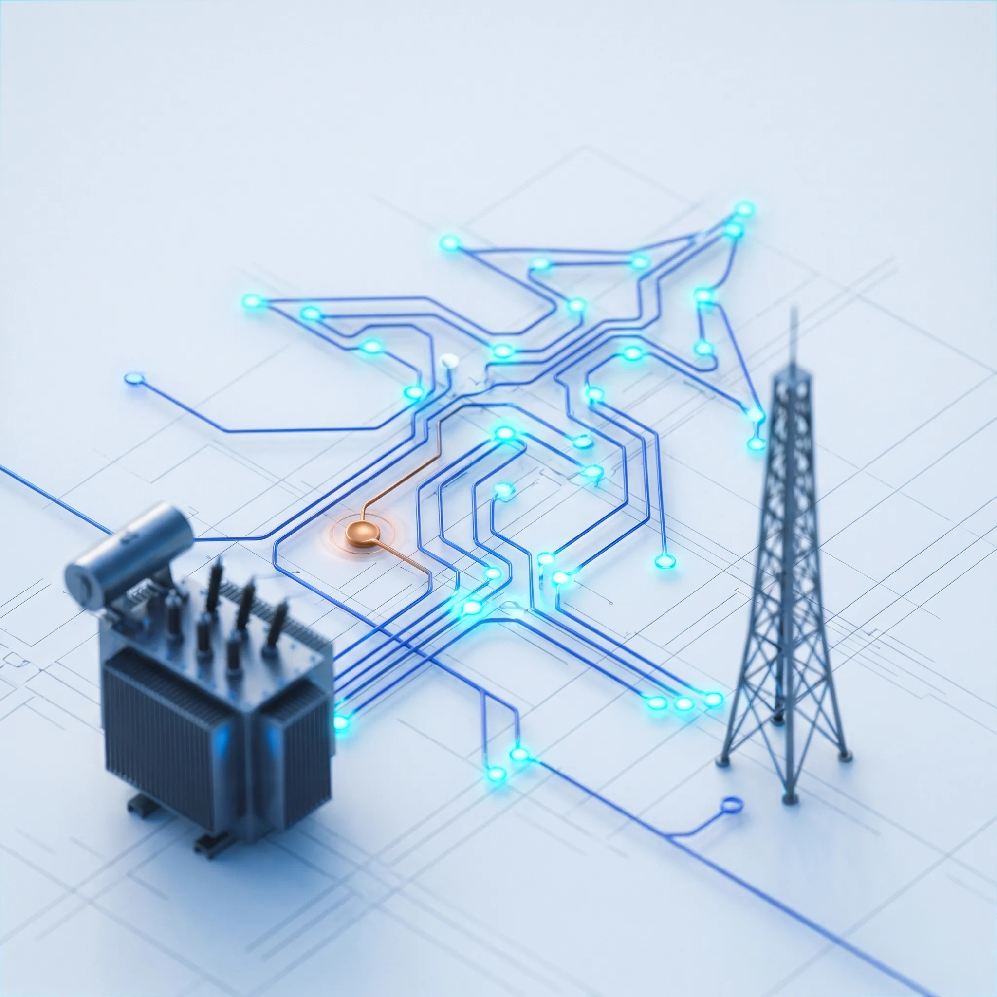 Ramco's live electrical network: a high-mast tower and transformer linked by glowing power lines